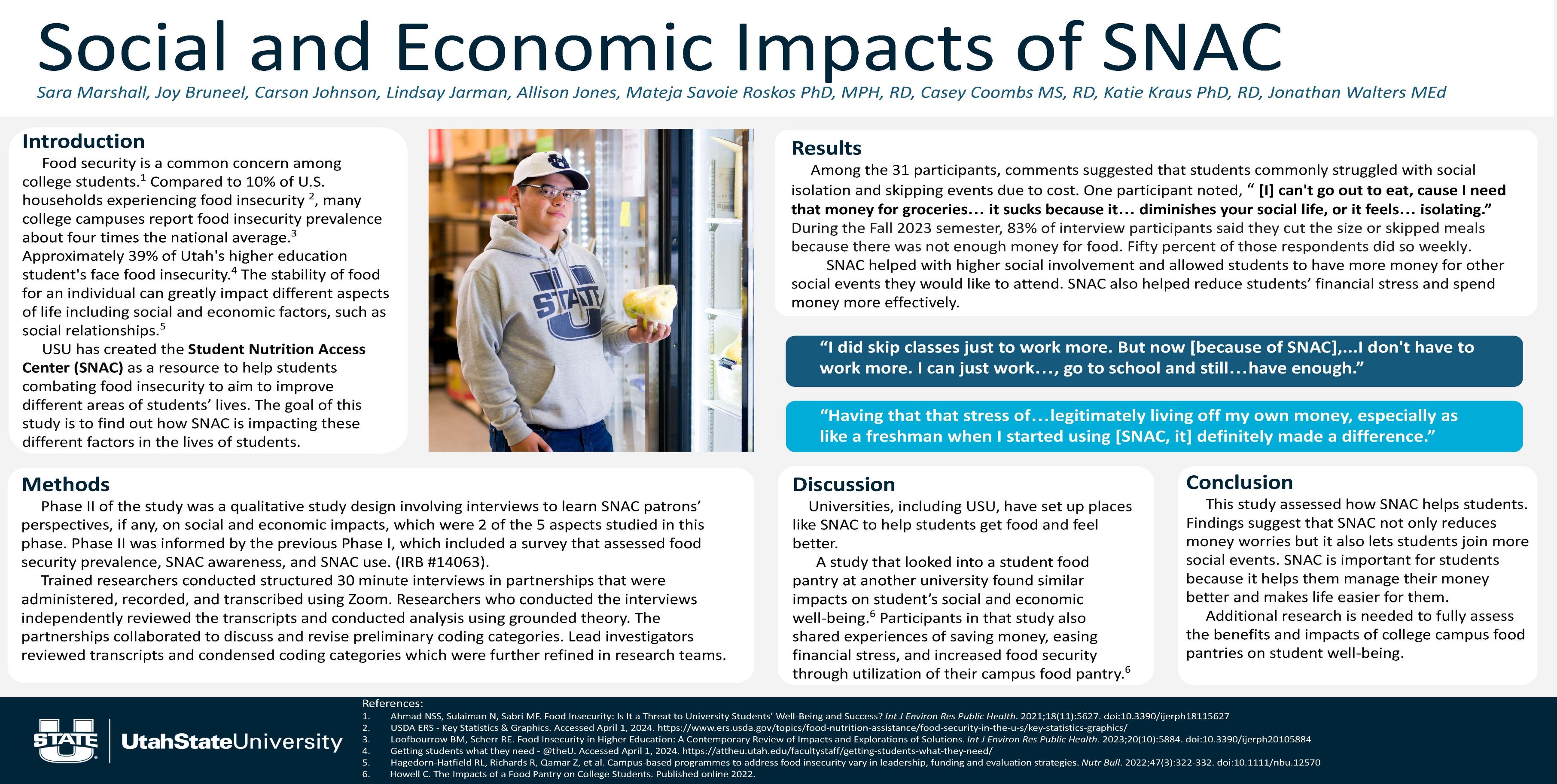 This study assessed how SNAC helps students. Findings suggest that SNAC not only reduces money worries but it also lets students join more social events. SNAC is important for students because it helps them manage their money better and makes life easier for them.