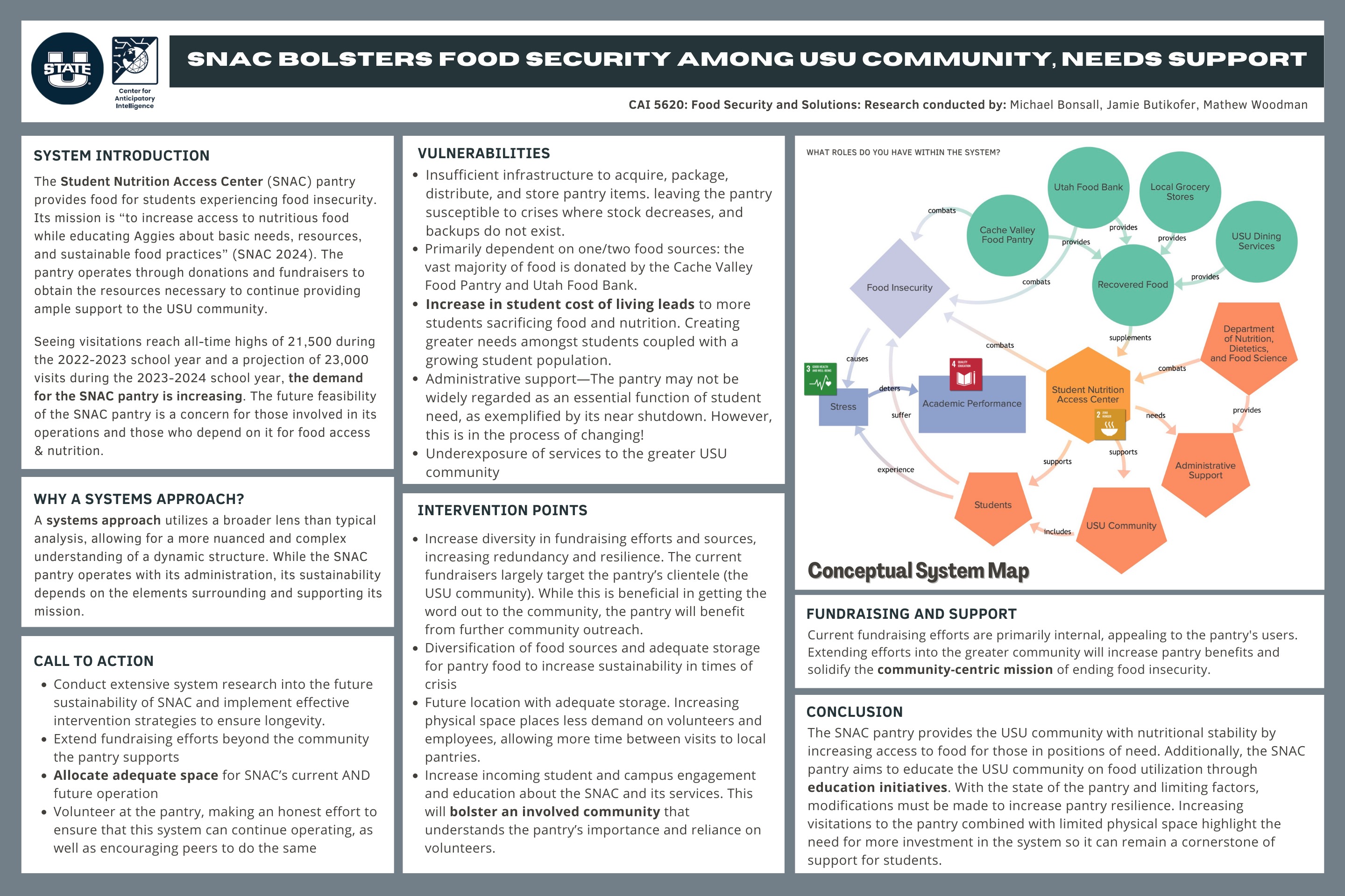 A systems approach utilized a broader lens than typical analysis, allowing for a more nuanced and complex understanding of a dynamic structure. While the SNAC pantry operates with its administration, its sustainability depends on the elements surrounding and supporting its mission. 