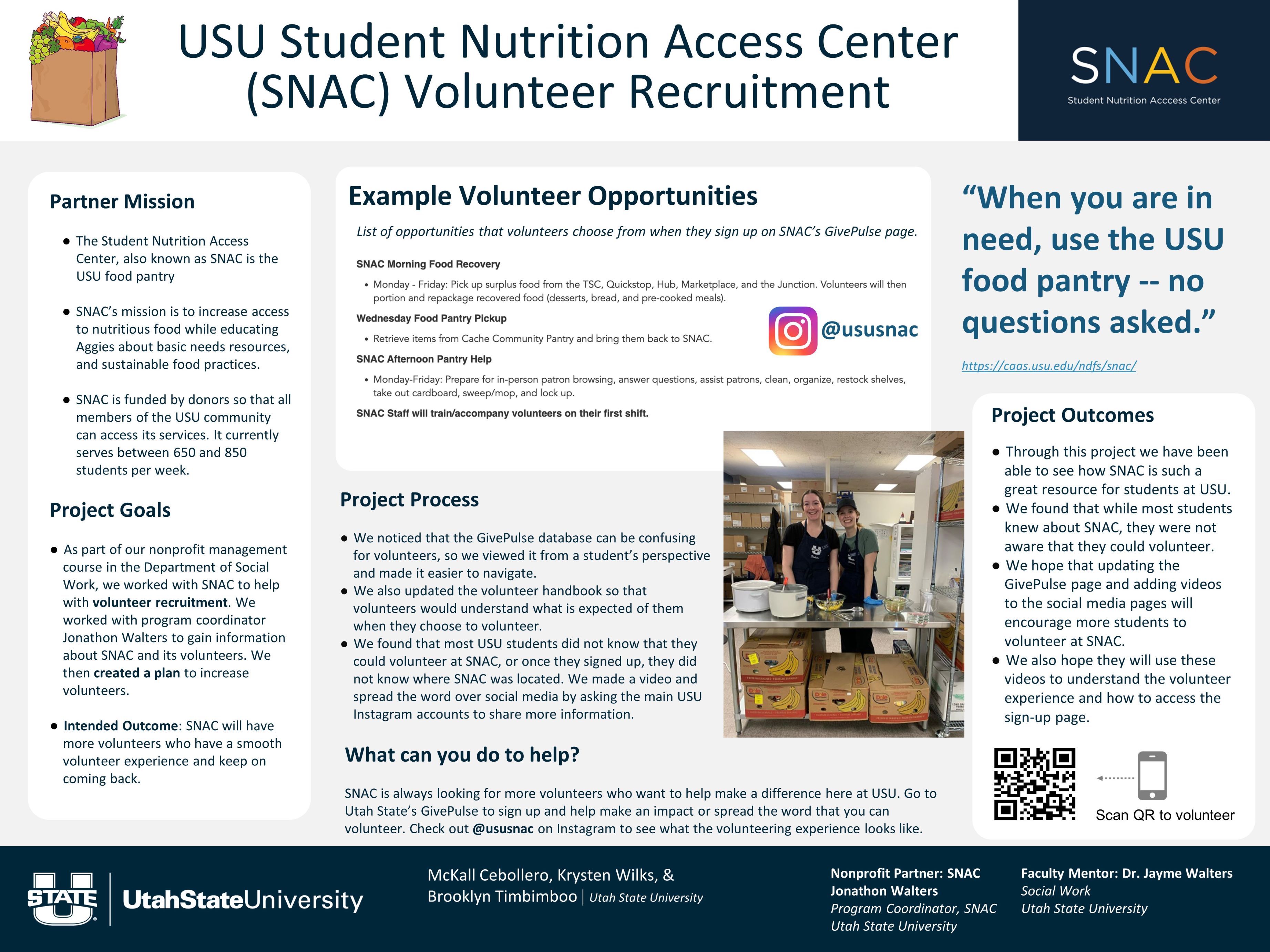 SNAC is always looking for more volunteers who want to help make a difference here at USU. Go to Utah State’s GivePulse to sign up and help make an impact or spread the word that you can volunteer. Check out @ususnac on Instagram to see what the volunteering experience looks like. 
