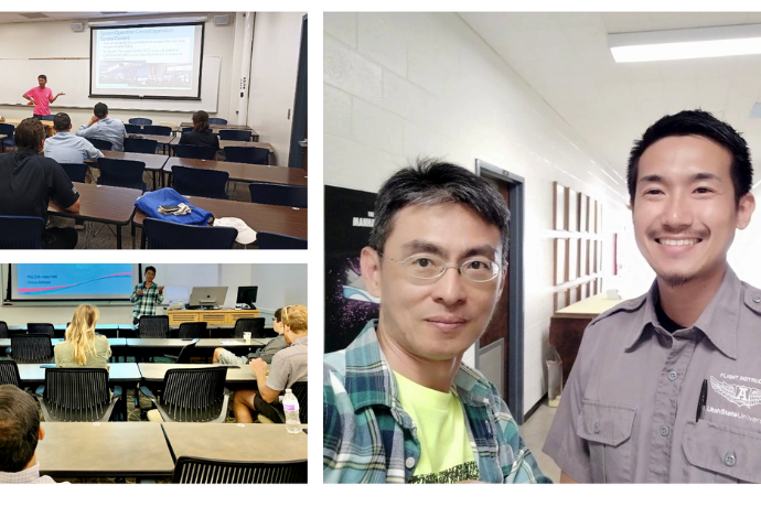 Three different photos with a Taiwanese man giving two lectures and posing for a photo.