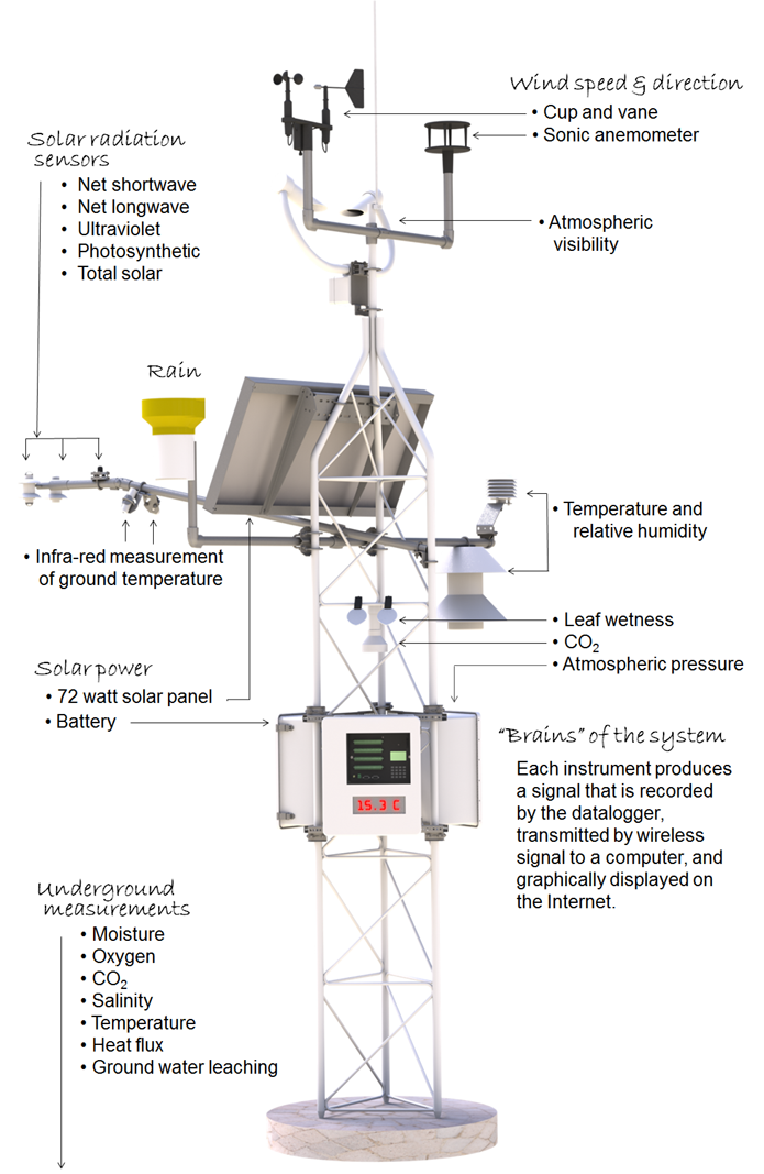 observatory weather station showing components and the measurements they make.
