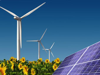 windmills, solar panels and sun flowers